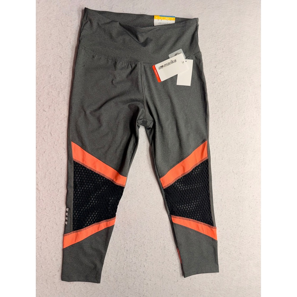 Marika Womens Gray Orange Mesh Colorblock Mid-Calf Leggings Size M NWT
